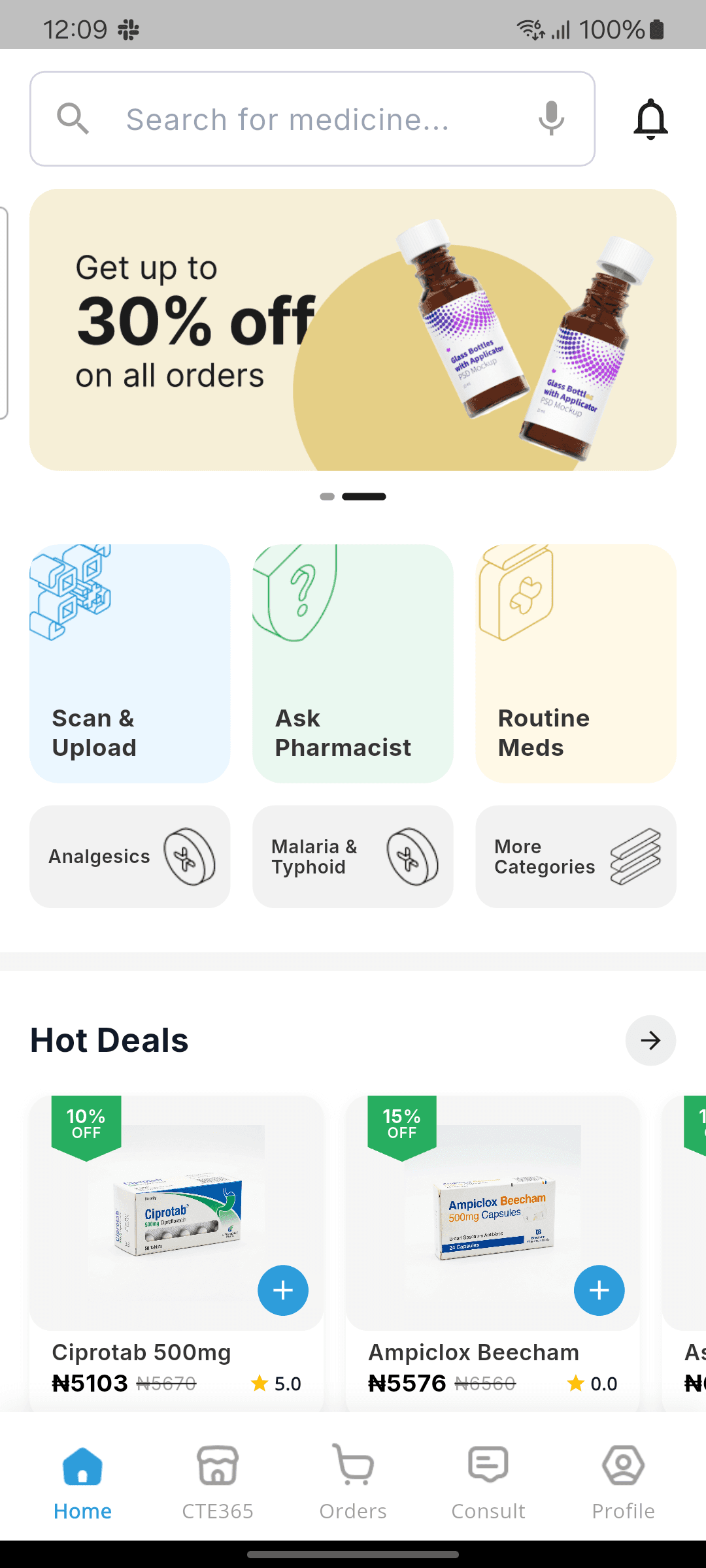 NemyGold app home showing medicine search, prescription upload, pharmacist support, routine medicines, and current deals